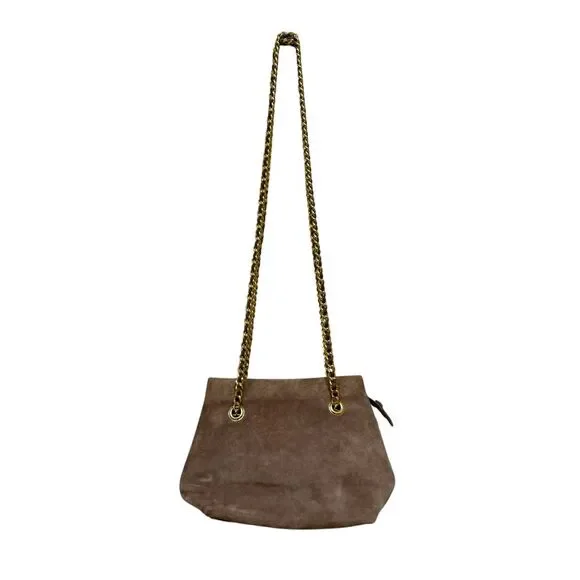 Taupe Suede Shoulder Bag with Gold Chain Strap Classic Purse - Picture 2 of 10